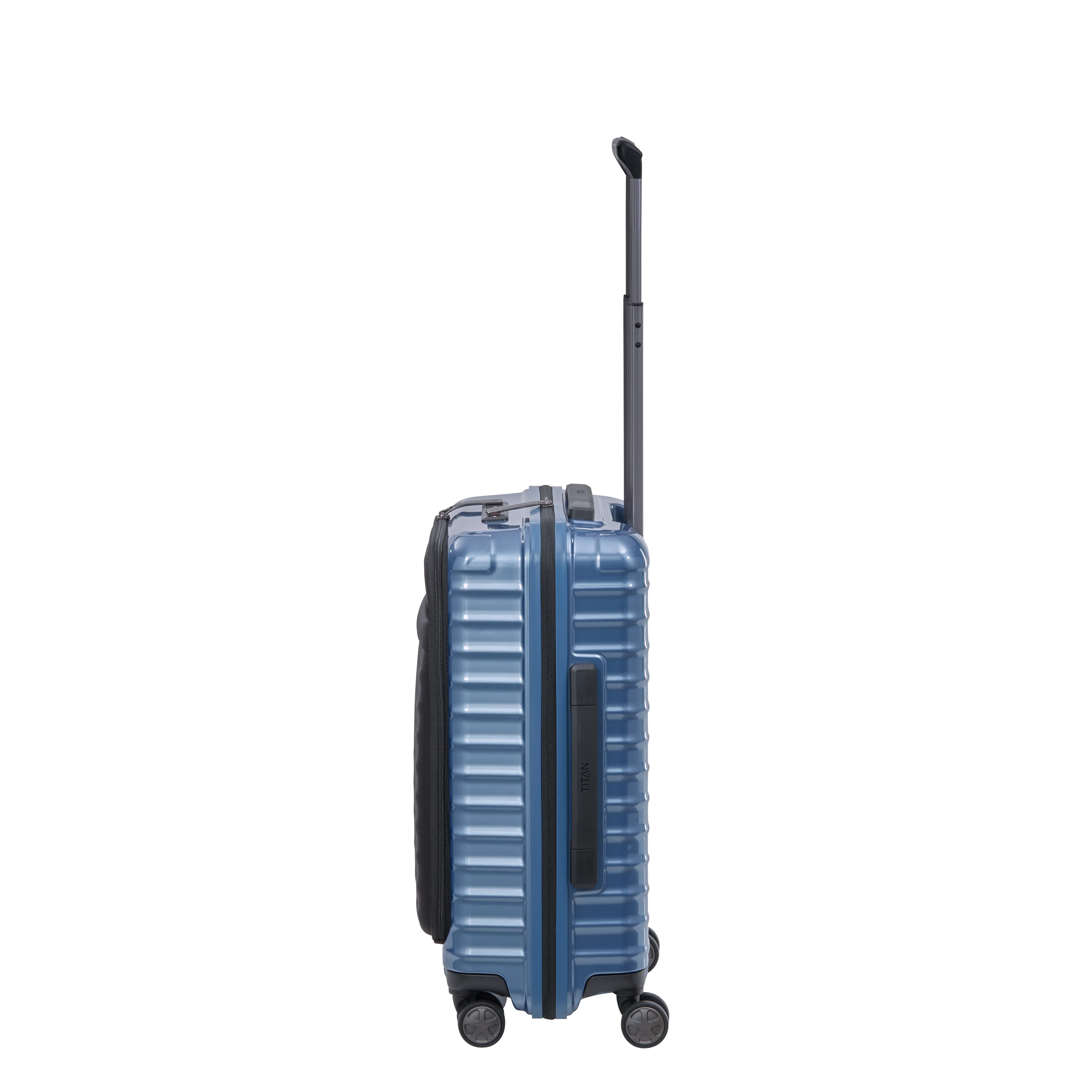 Ein TITAN Koffer der Serie LITRON mit Vortasche Seitenansicht in eisblau Größe S 55cm