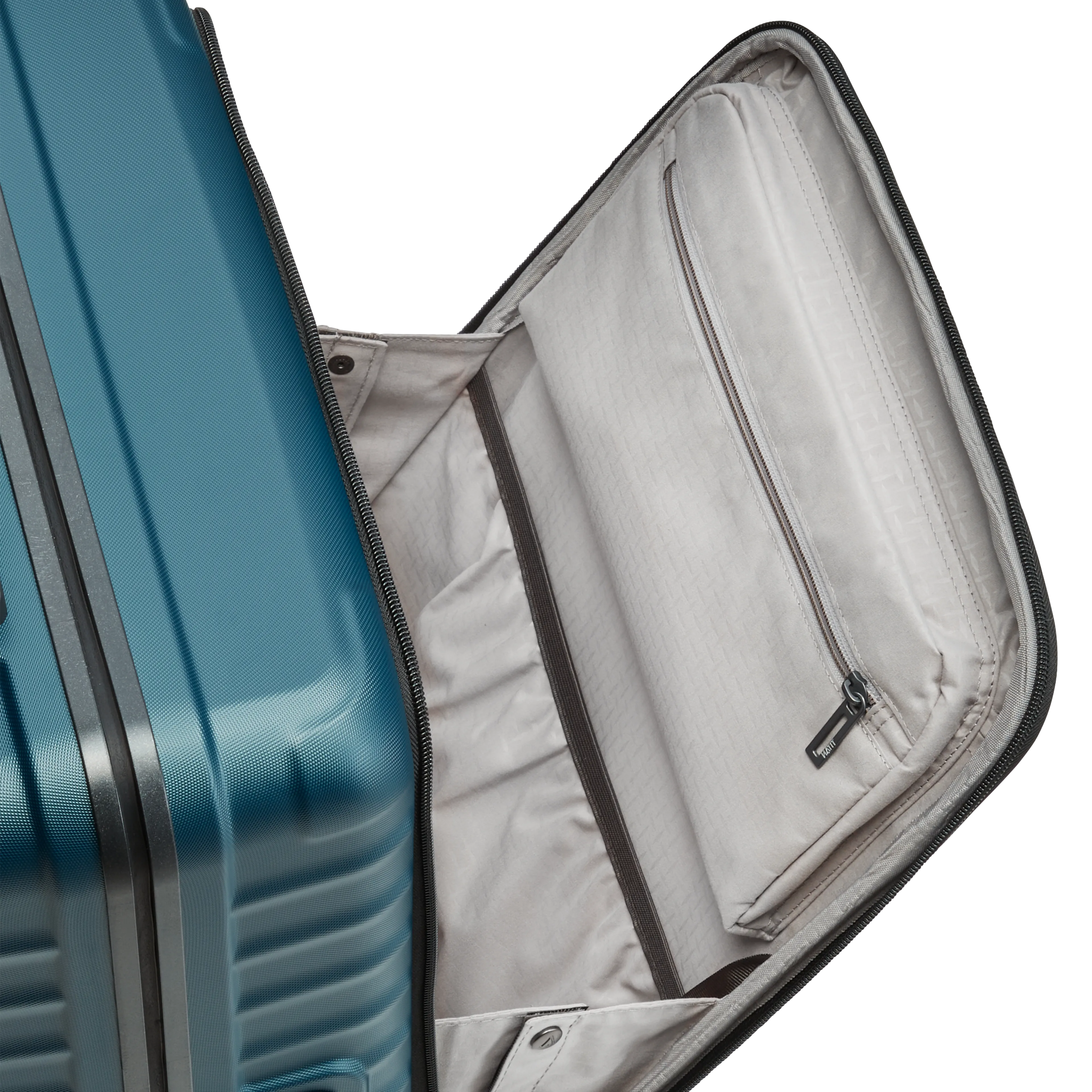 Ein TITAN Koffer der Serie LITRON Frame mit Vortasche geöffnete Vortasche in petrol Größe S 55cm