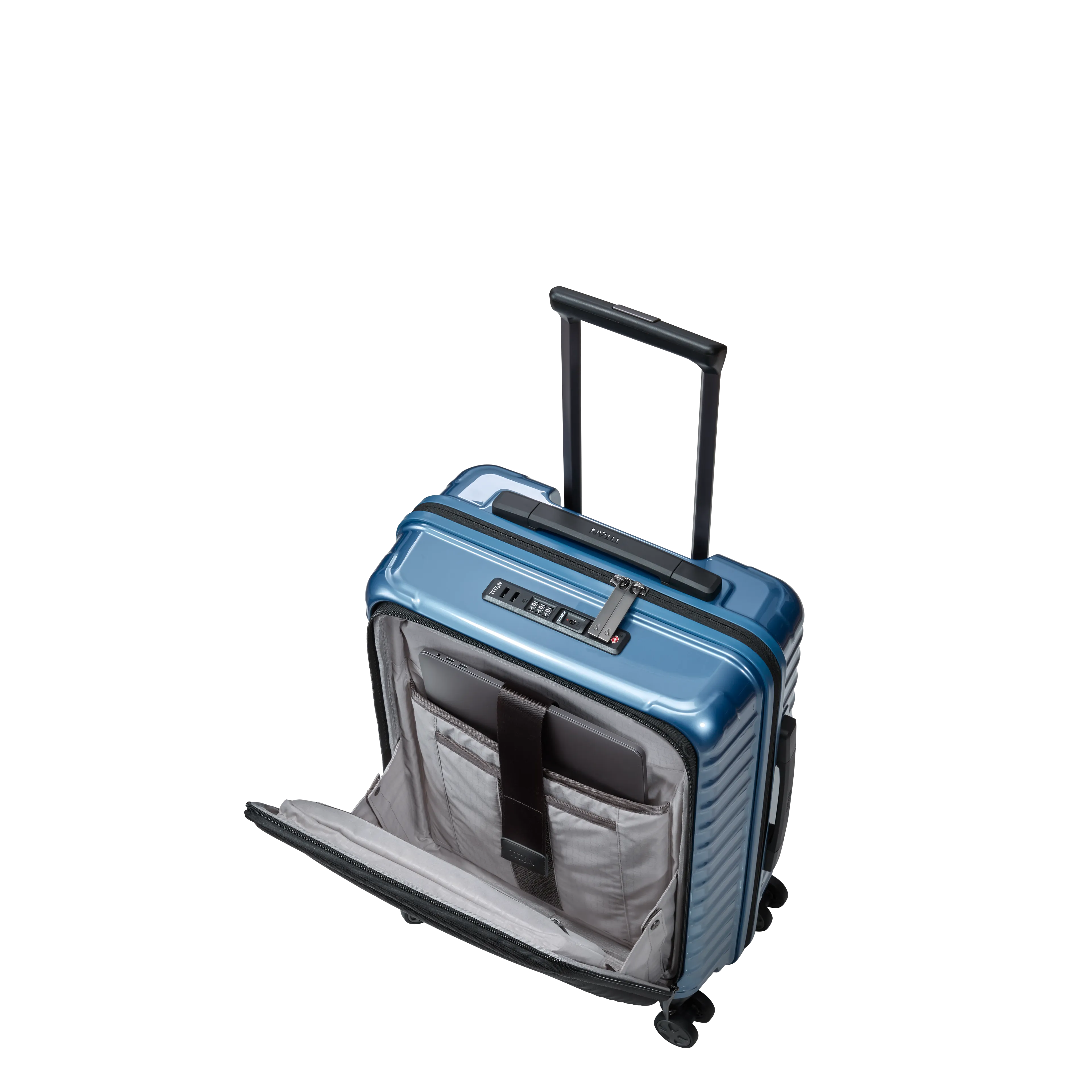 Ein TITAN Koffer der Serie LITRON mit Vortasche Schrägansicht mit geöffneter Vortasche in  Größe S 55cm