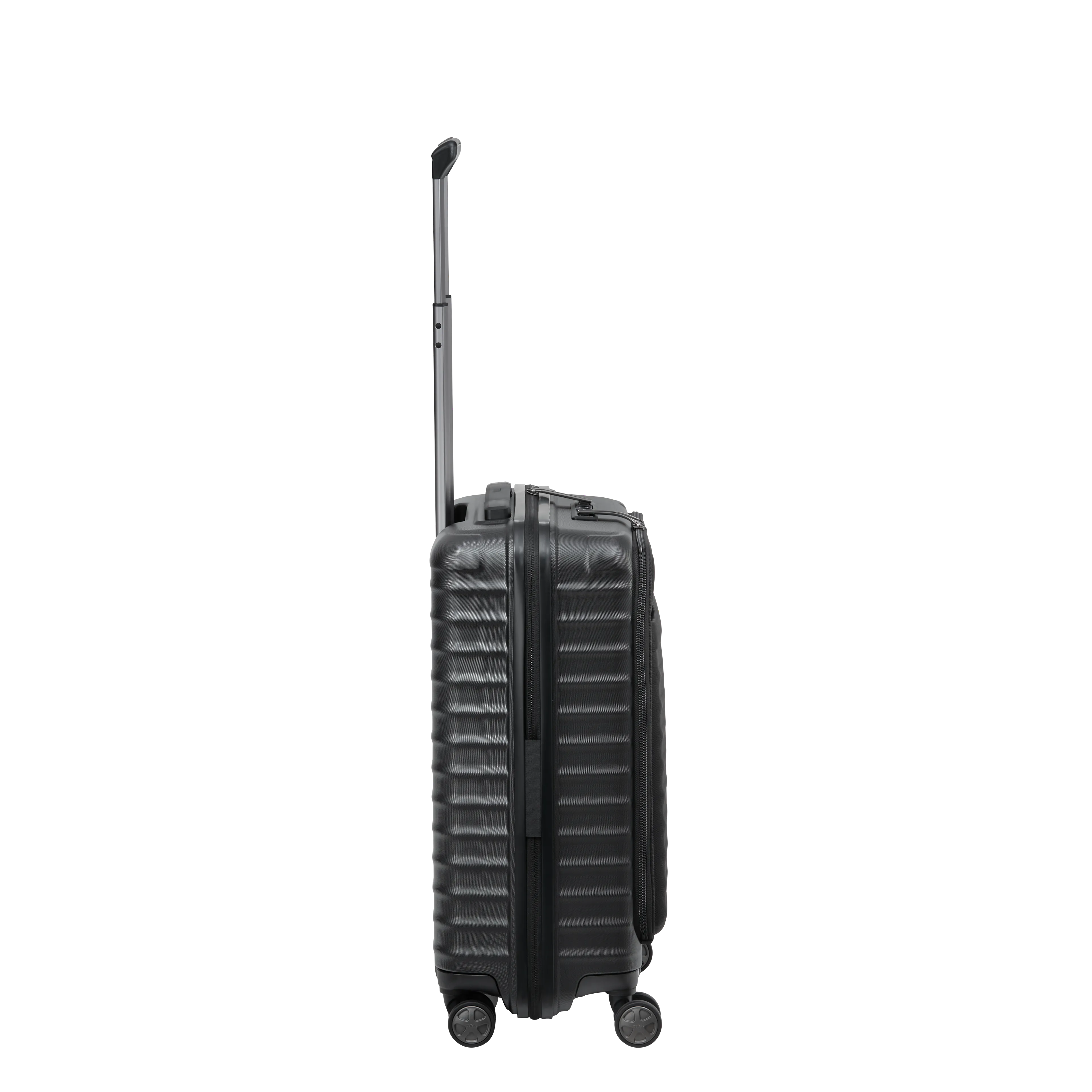 Ein TITAN Koffer der Serie LITRON mit Vortasche Seitenansicht in schwarz Größe S 55cm