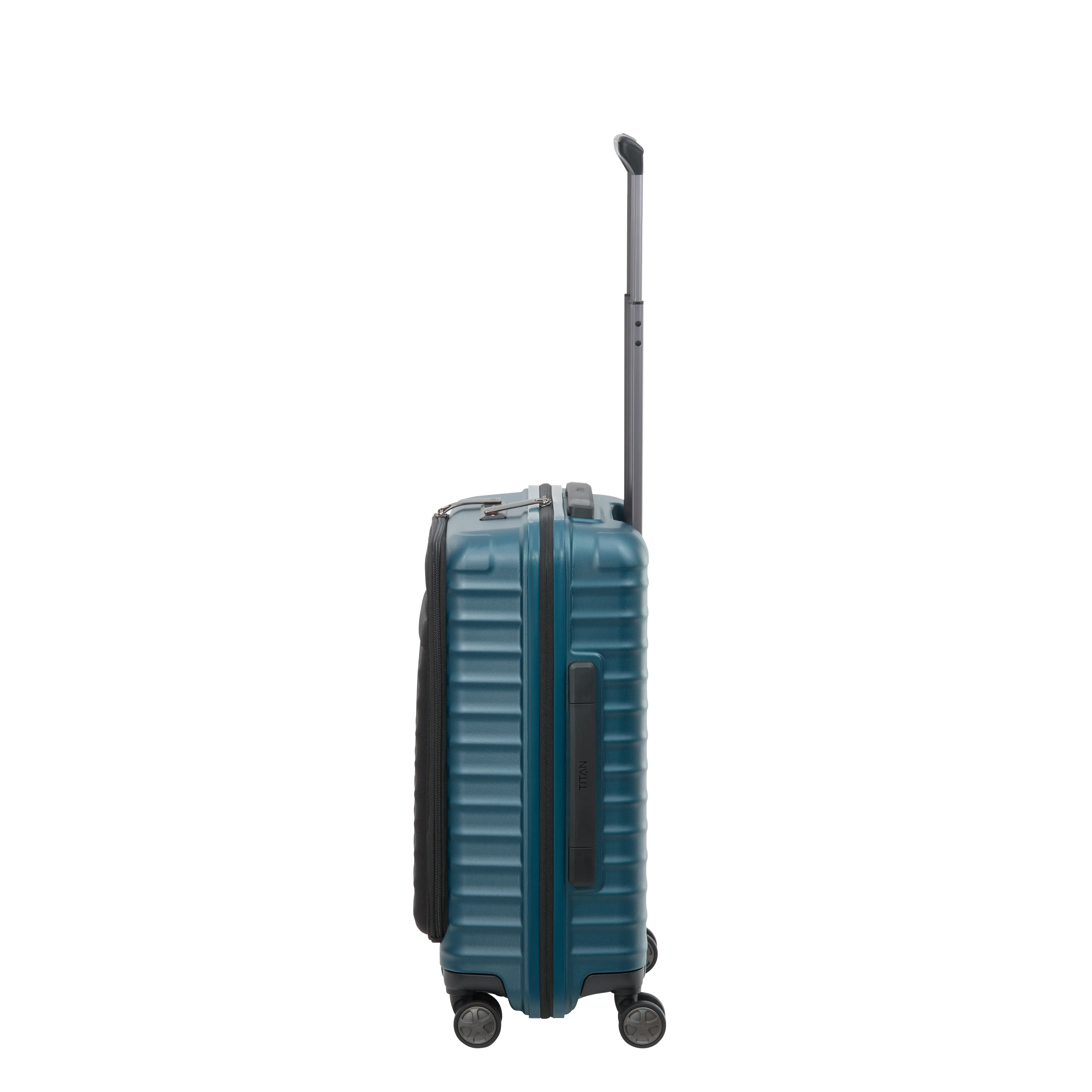 Ein TITAN Koffer der Serie LITRON mit Vortasche Seitenansicht in petrol Größe S 55cm