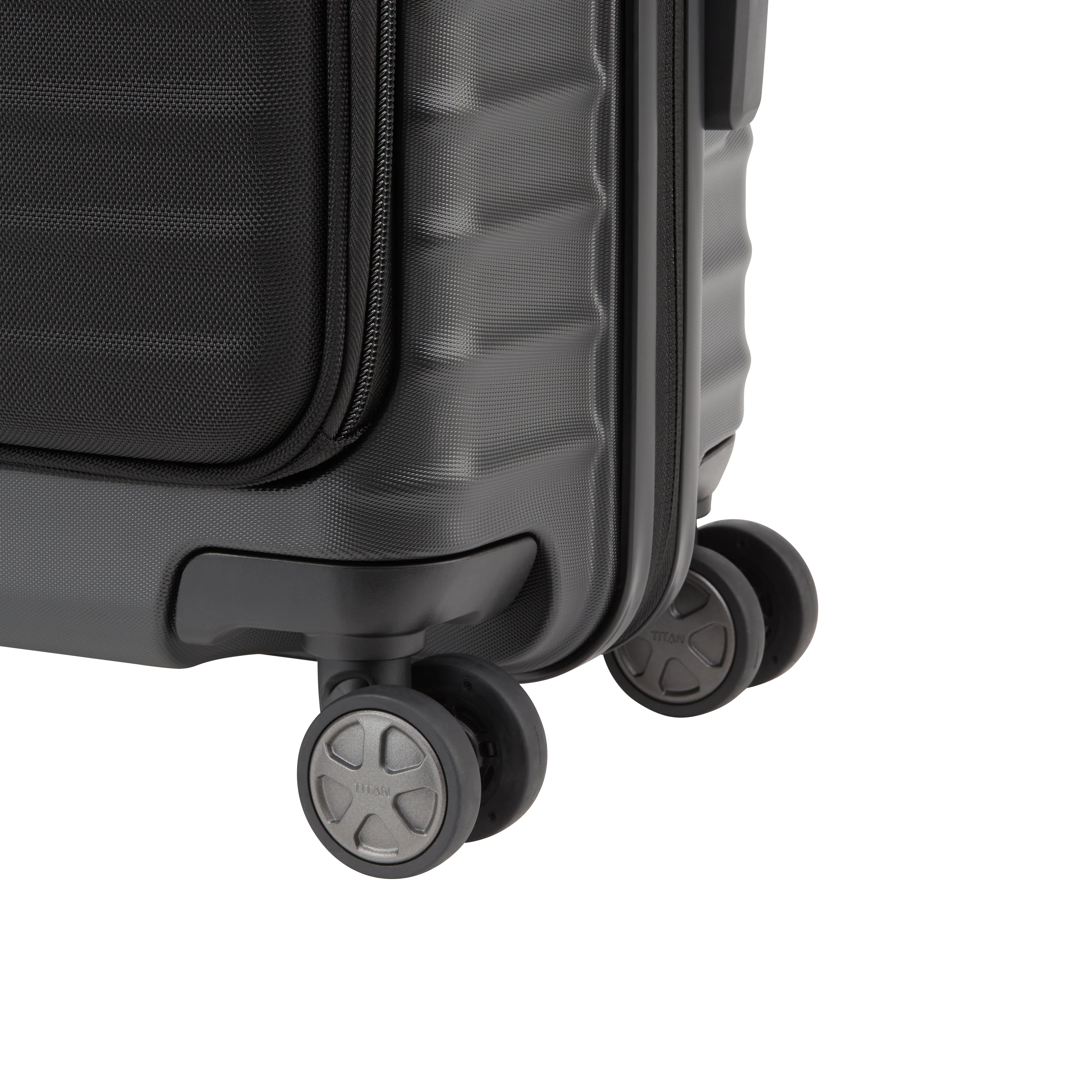 Ein TITAN Koffer der Serie LITRON mit Vortasche Nahaufnahme Räder in schwarz