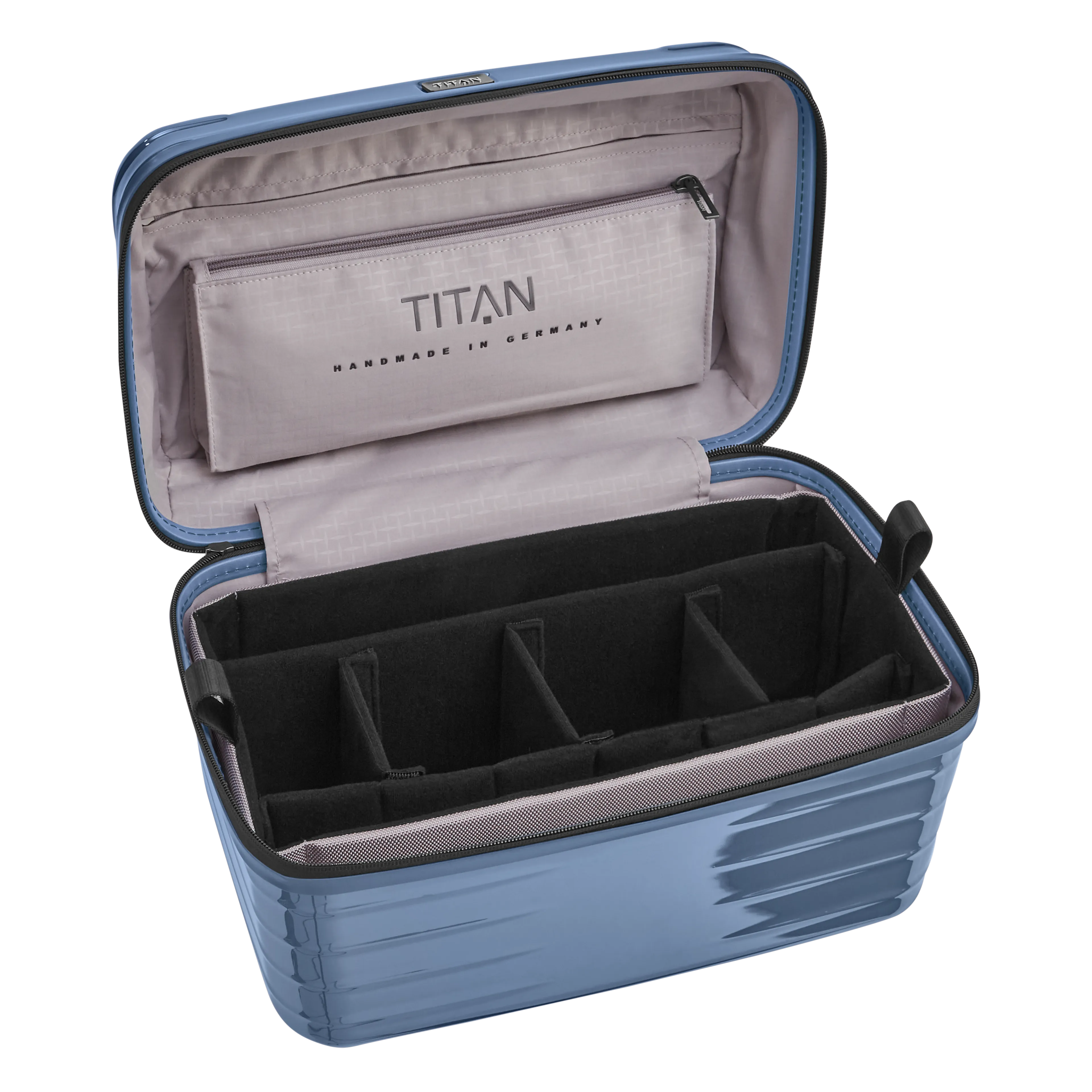 Ein TITAN Beautycase/Kosmetikkoffer der Serie LITRON Innenansicht in eisblau 