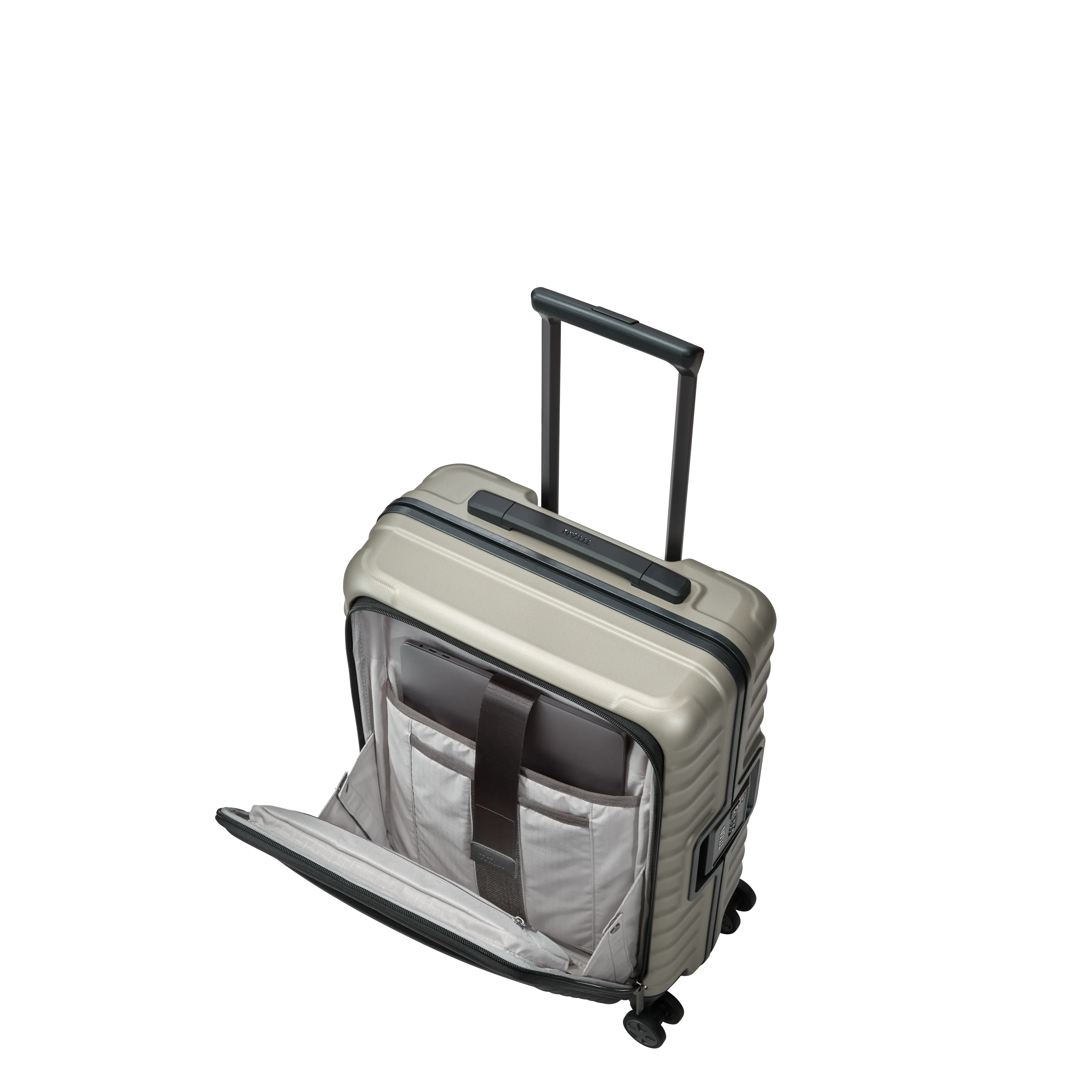 Ein TITAN Koffer der Serie LITRON Frame mit Vortasche Schrägansicht mit geöffneter Vortasche in champagner Größe S 55cm