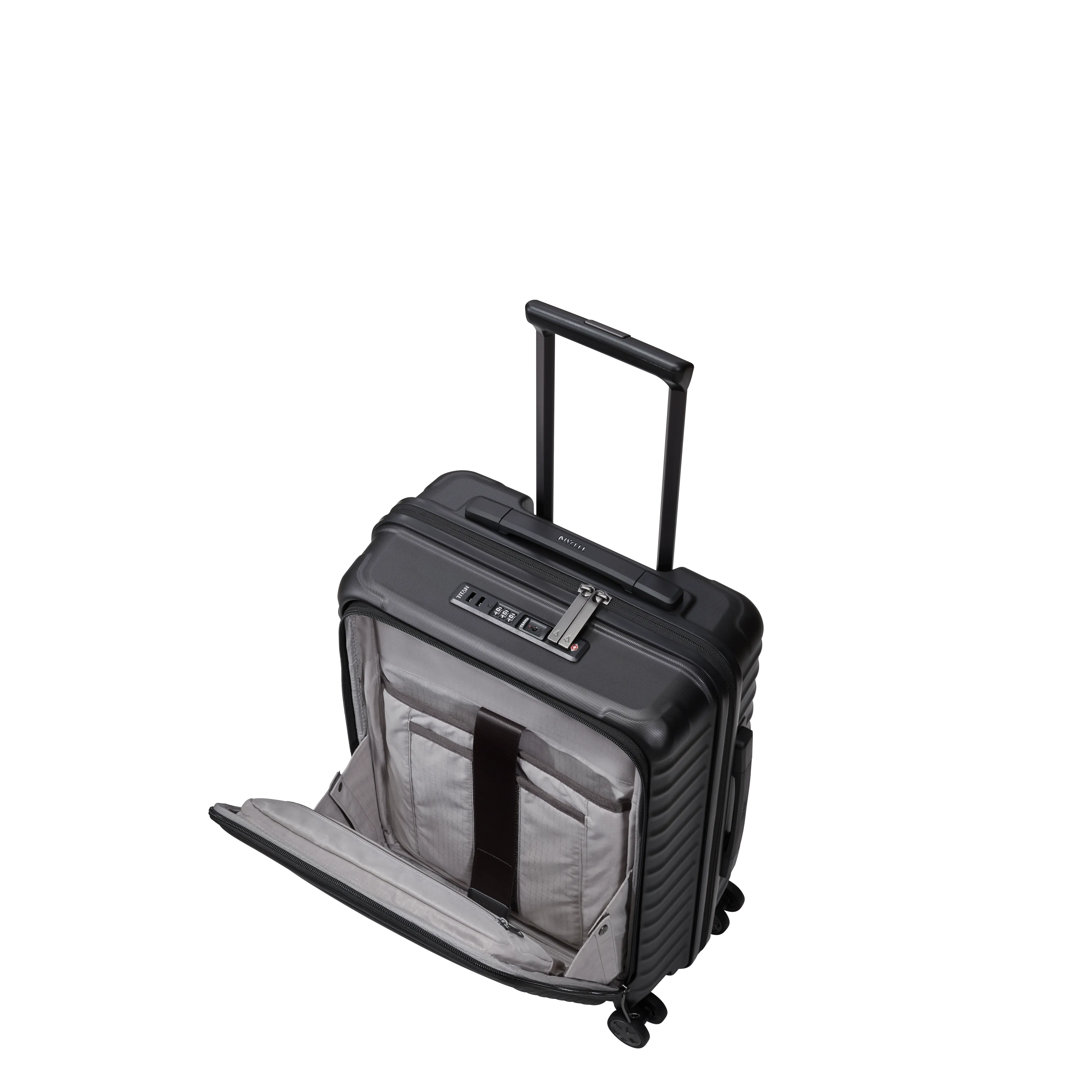 Ein TITAN Koffer der Serie LITRON mit Vortasche Schrägansicht mit geöffneter Vortasche in schwarz Größe S 55cm