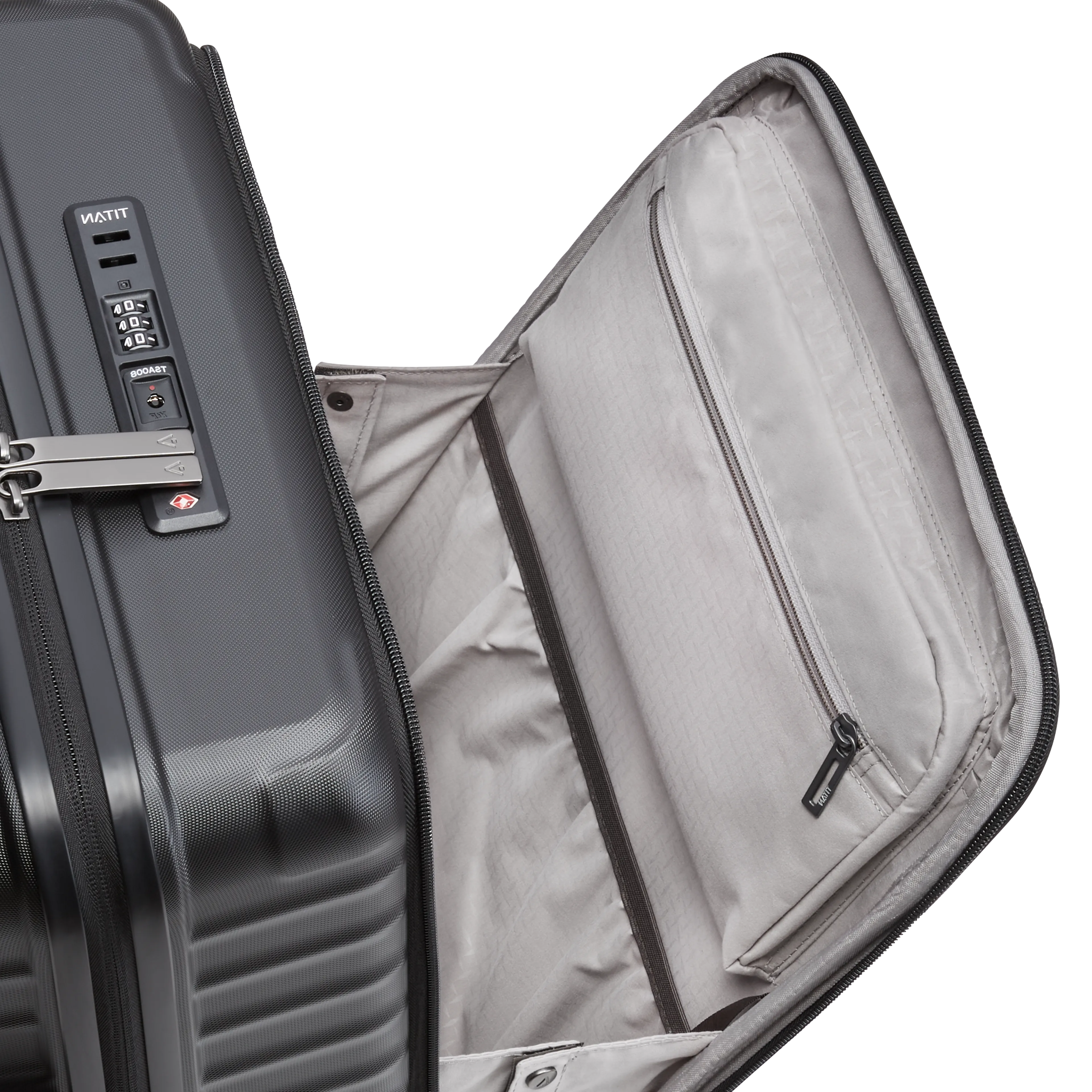 Ein TITAN Koffer der Serie LITRON mit Vortasche geöffnete Vortasche in schwarz Größe S 55cm
