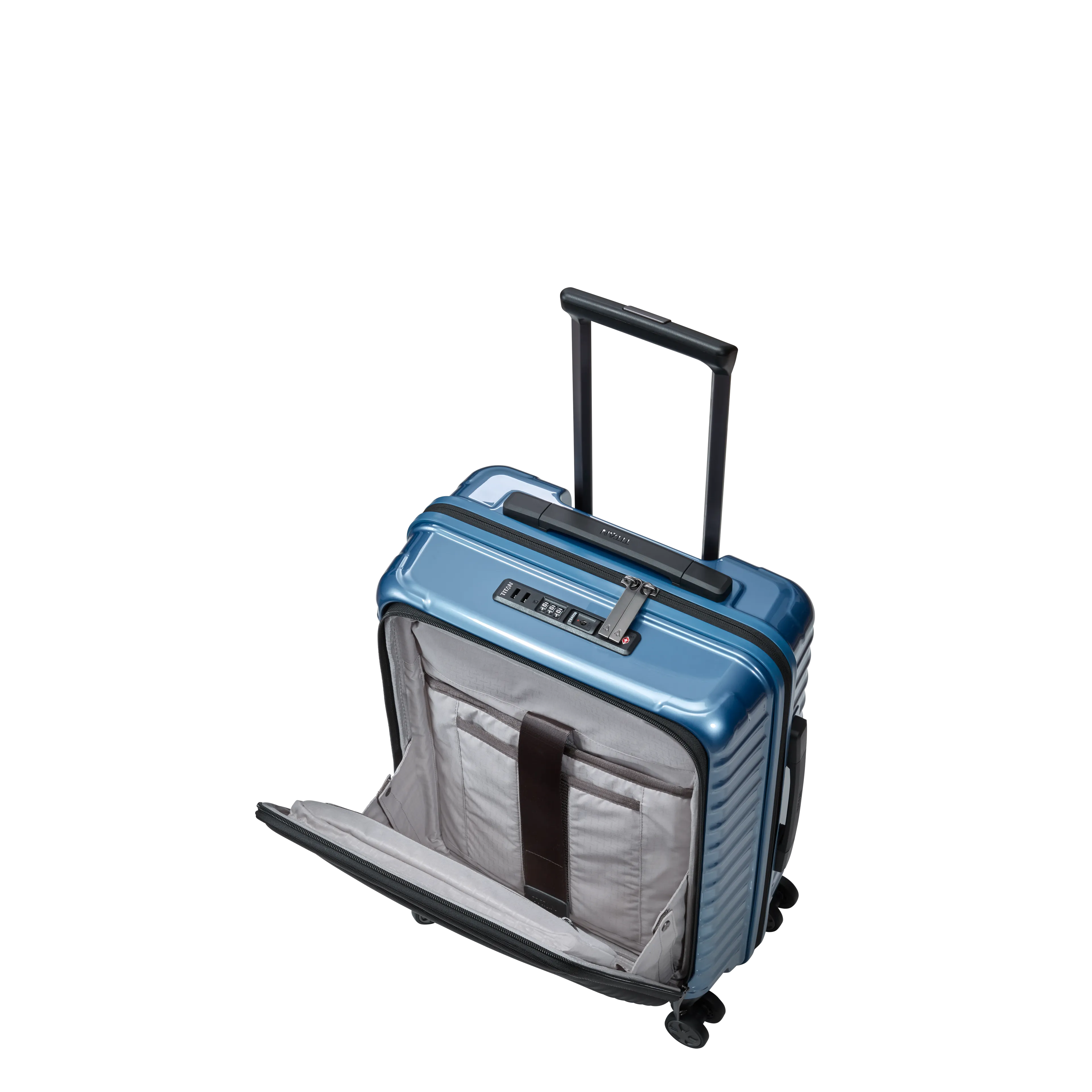 Ein TITAN Koffer der Serie LITRON mit Vortasche Schrägansicht mit geöffneter Vortasche in eisblau Größe S 55cm