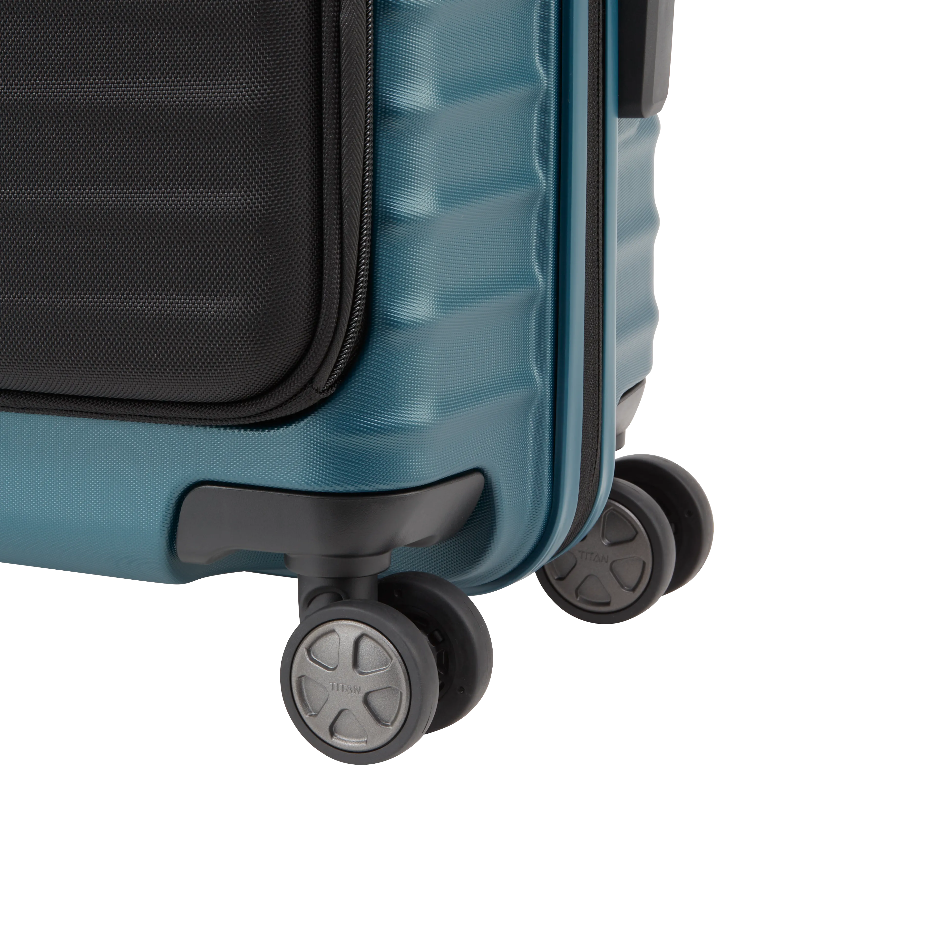 Ein TITAN Koffer der Serie LITRON mit Vortasche Nahaufnahme Räder in petrol