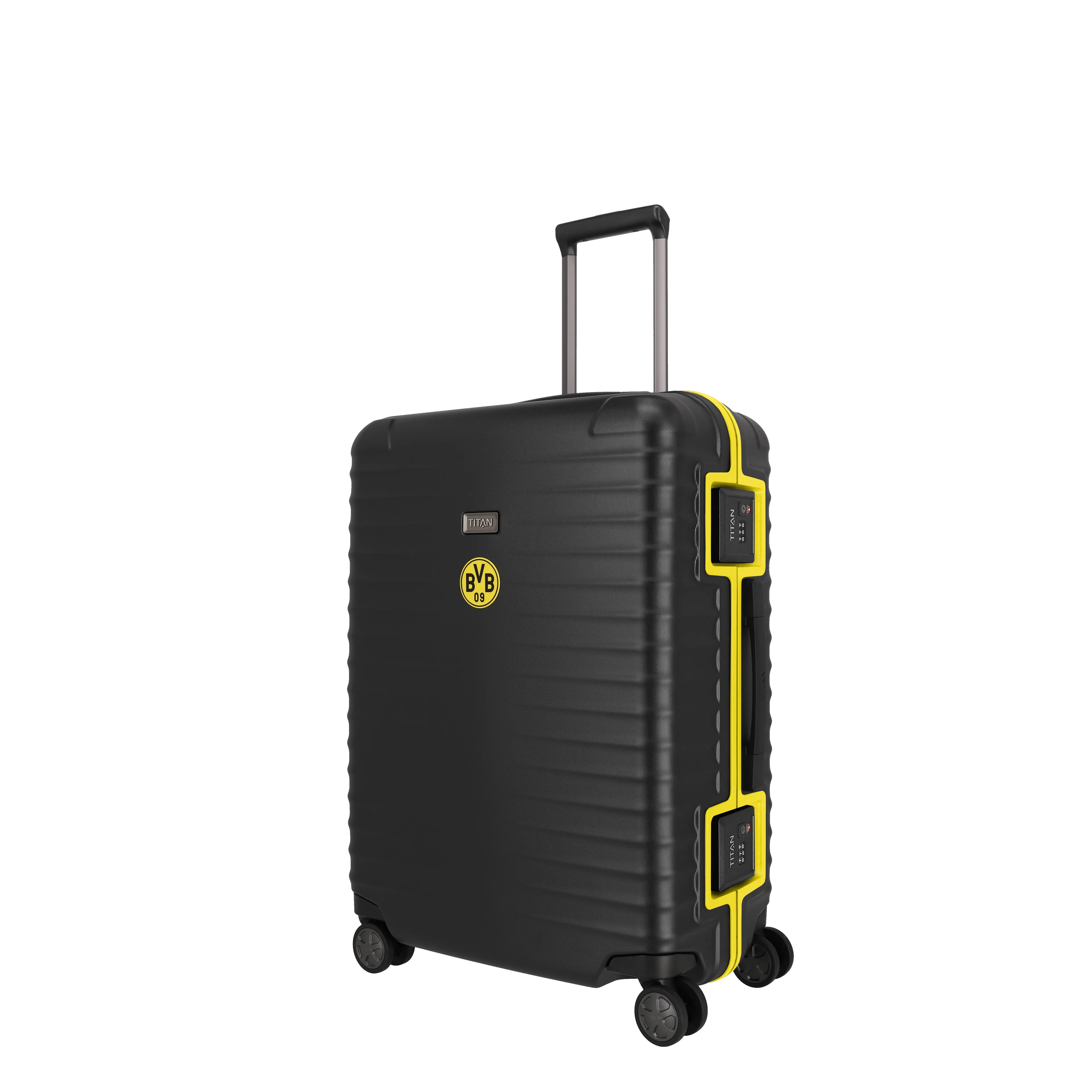 Ein TITAN Koffer der Serie LITRON Frame BVB Edition Schrägansicht in schwarz/gelb Größe M 69cm