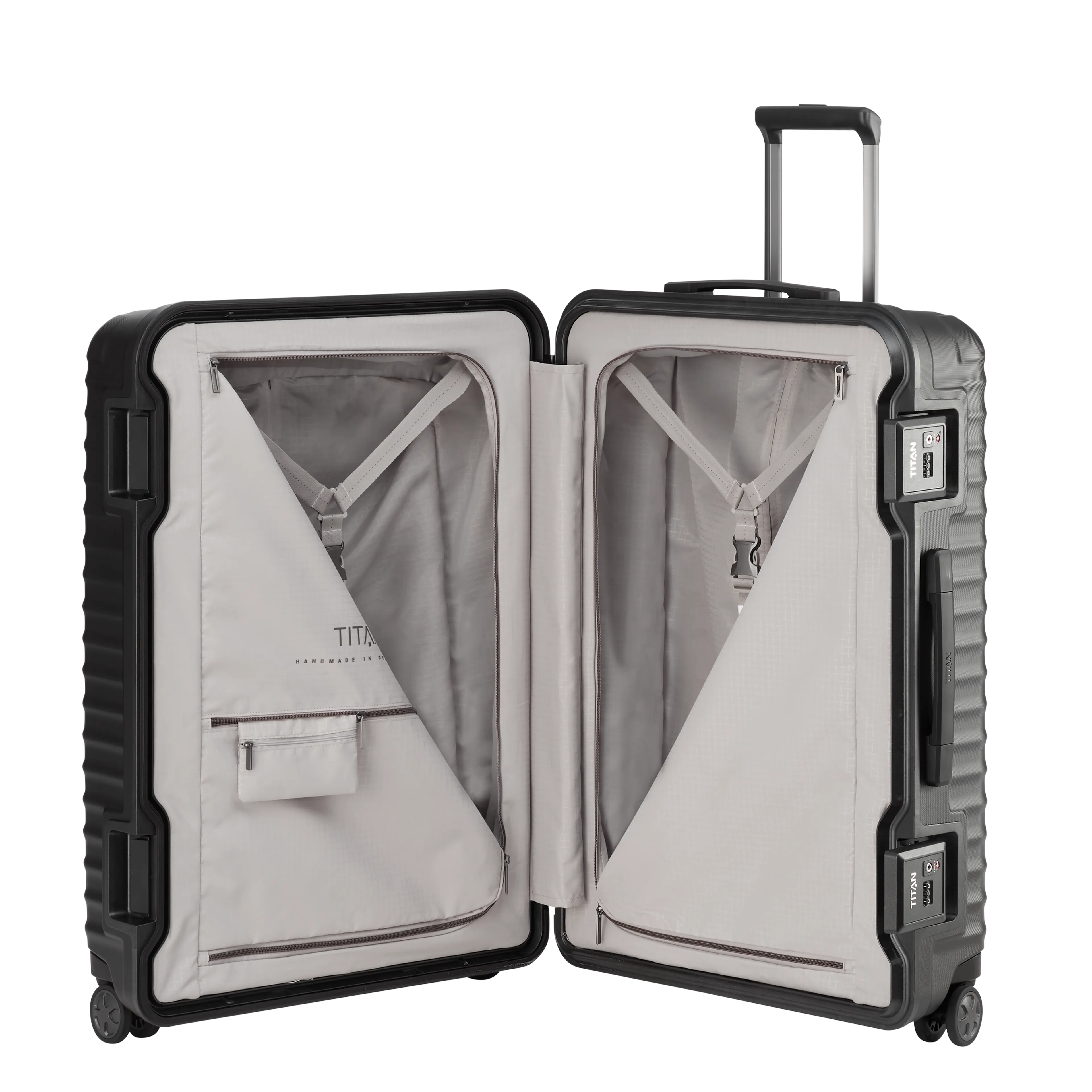 Ein TITAN Koffer der Serie LITRON Frame  Innenansicht 2 in schwarz Größe L 75cm
