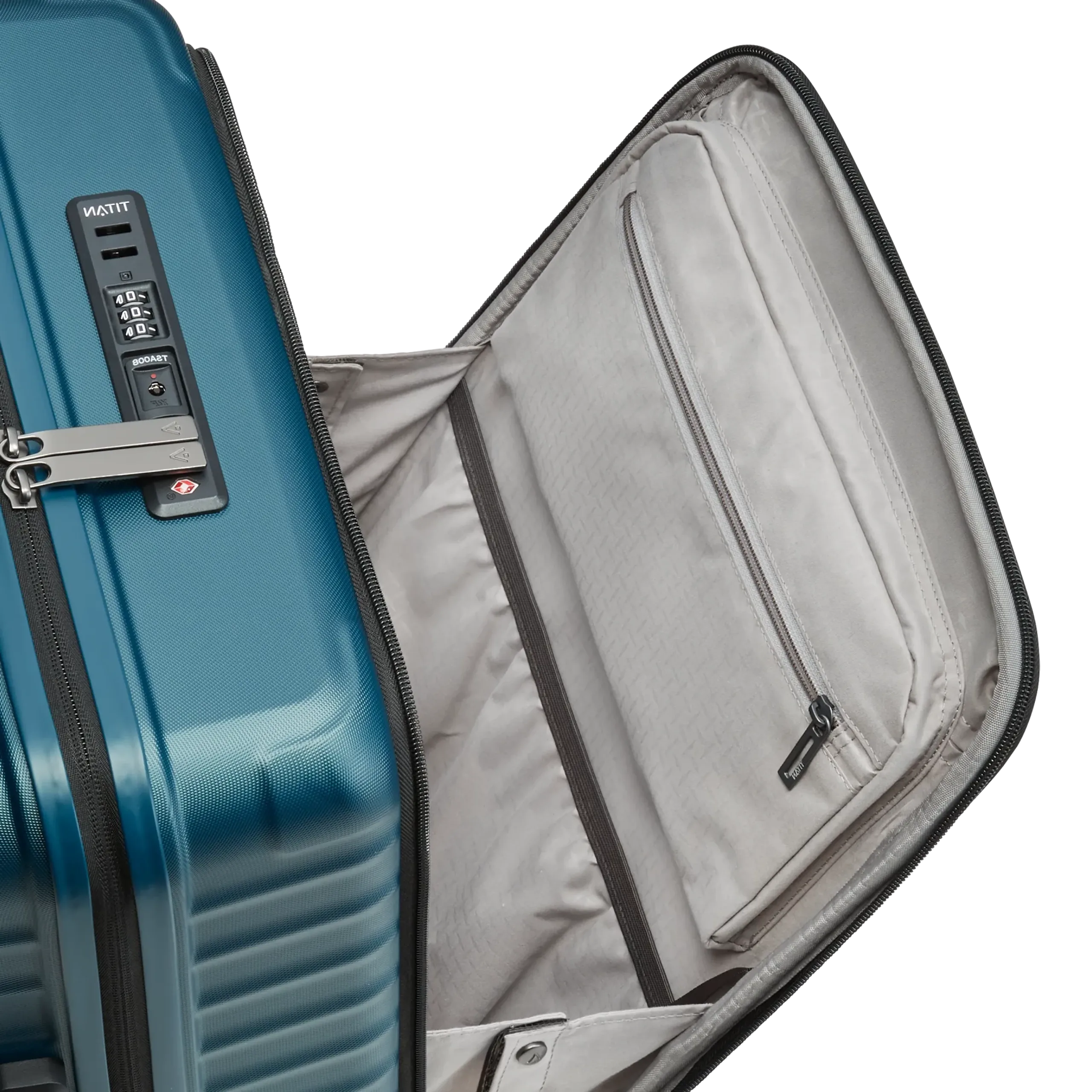 Ein TITAN Koffer der Serie LITRON mit Vortasche geöffnete Vortasche in petrol Größe S 55cm