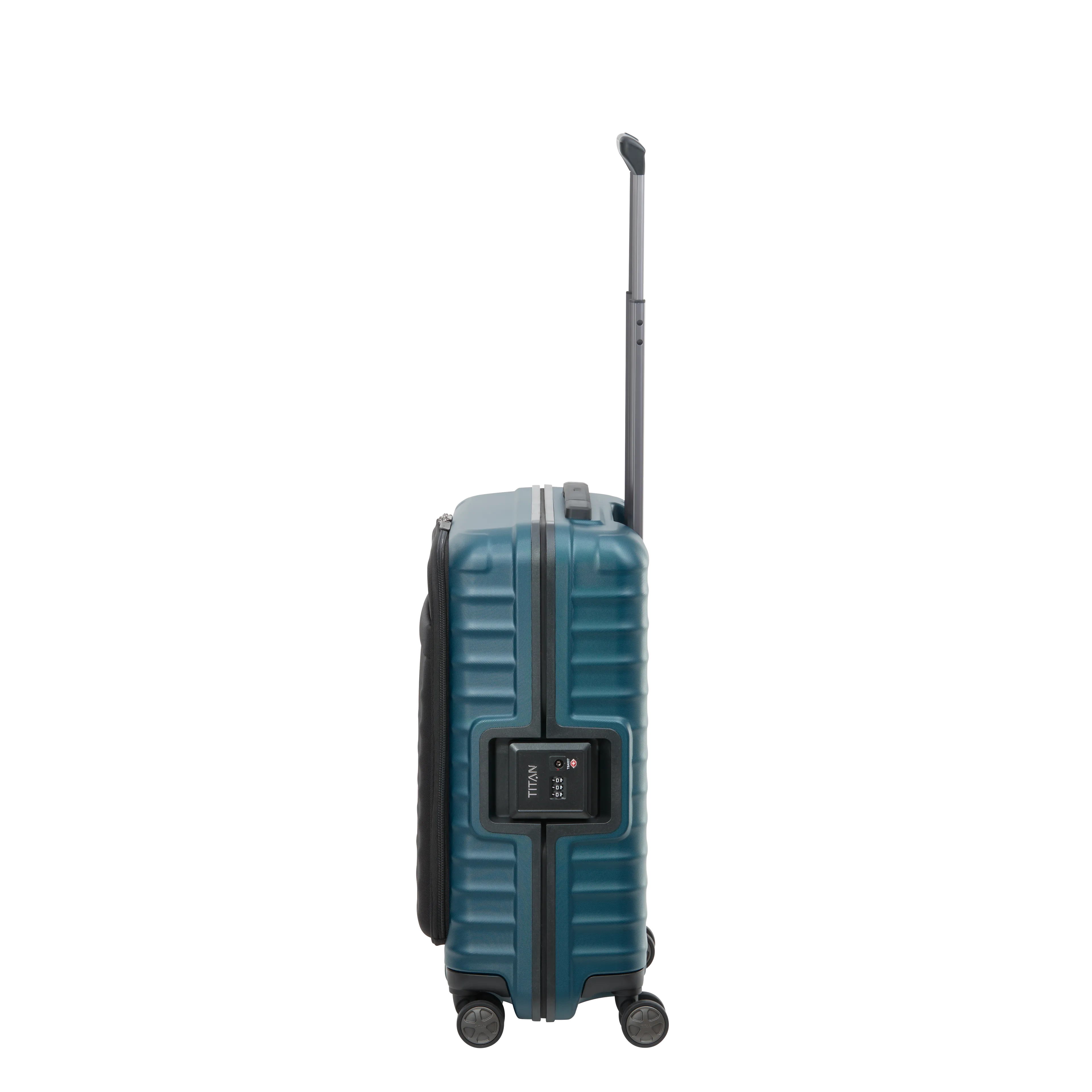 Ein TITAN Koffer der Serie LITRON Frame mit Vortasche Seitenansicht in petrol Größe S 55cm