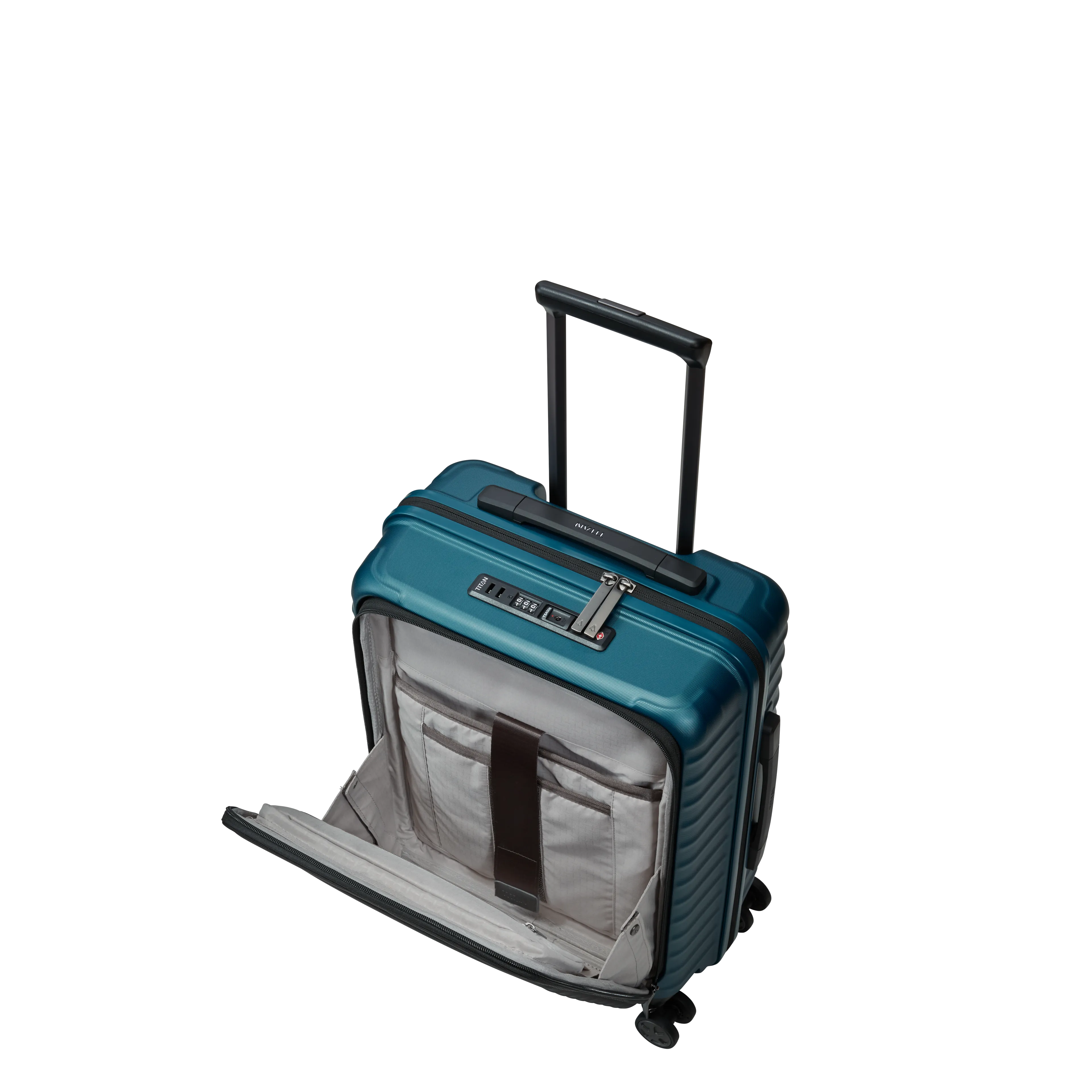 Ein TITAN Koffer der Serie LITRON mit Vortasche Schrägansicht mit geöffneter Vortasche in petrol Größe S 55cm