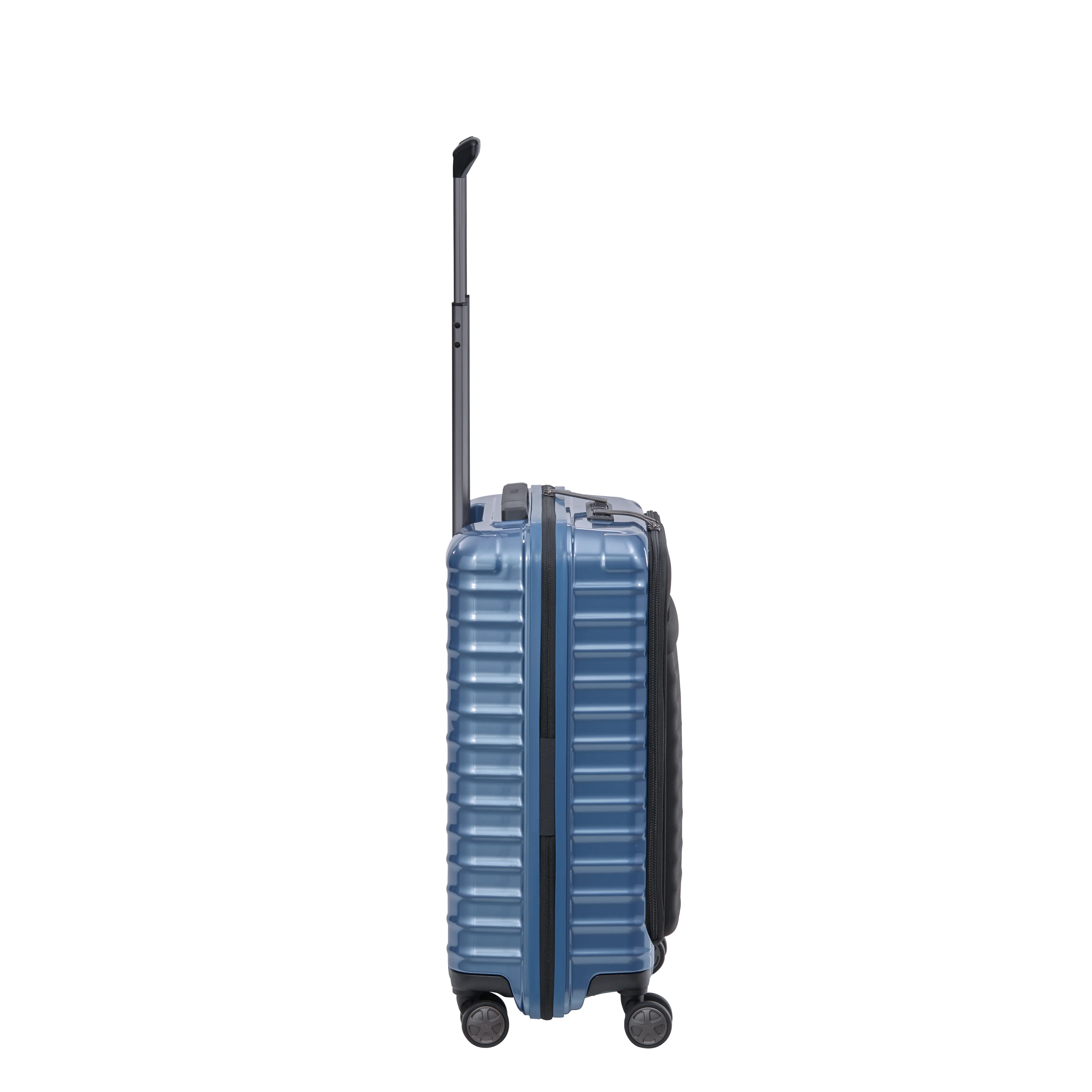 Ein TITAN Koffer der Serie LITRON mit Vortasche Seitenansicht in eisblau Größe S 55cm