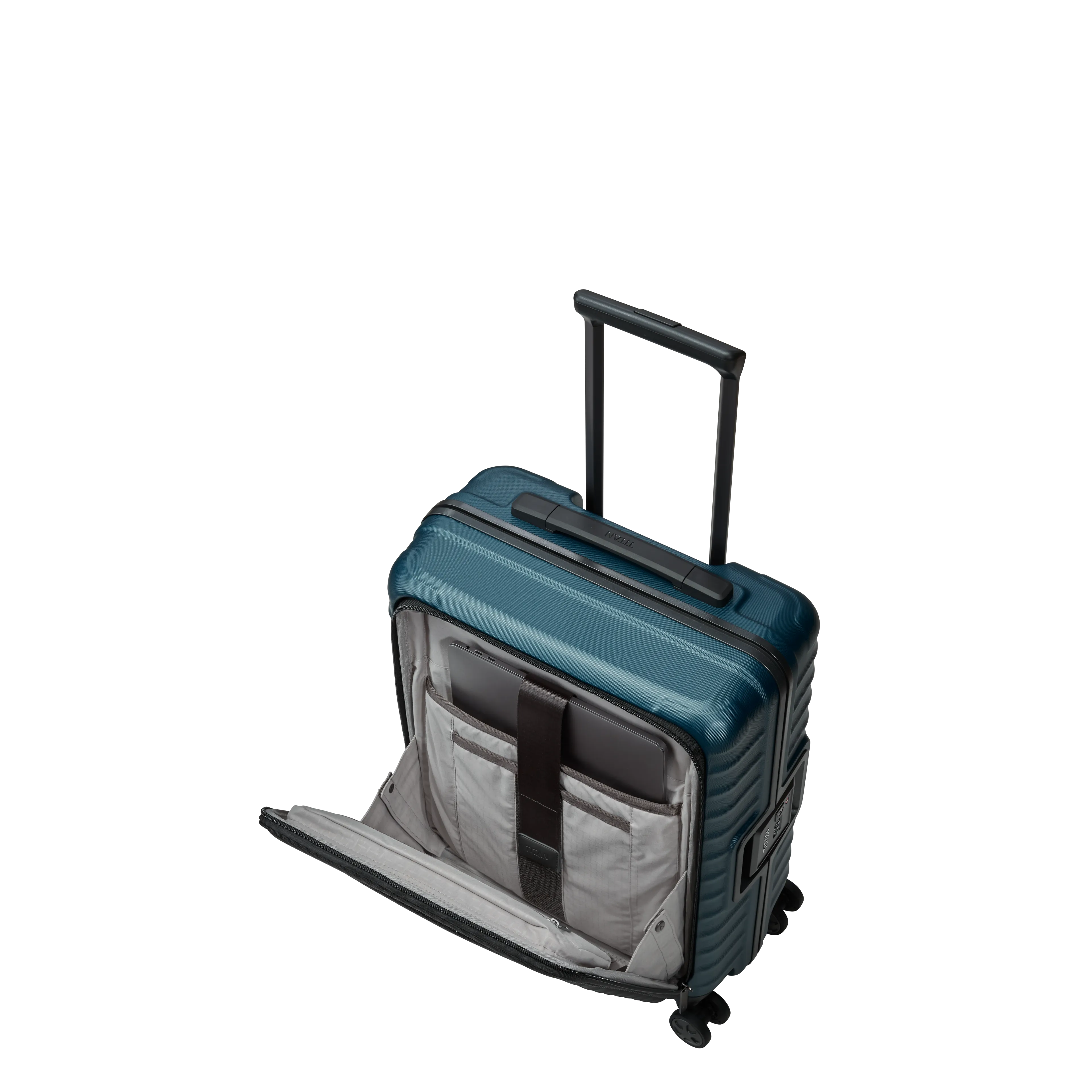 Ein TITAN Koffer der Serie LITRON Frame mit Vortasche Schrägansicht mit geöffneter Vortasche in petrol Größe S 55cm