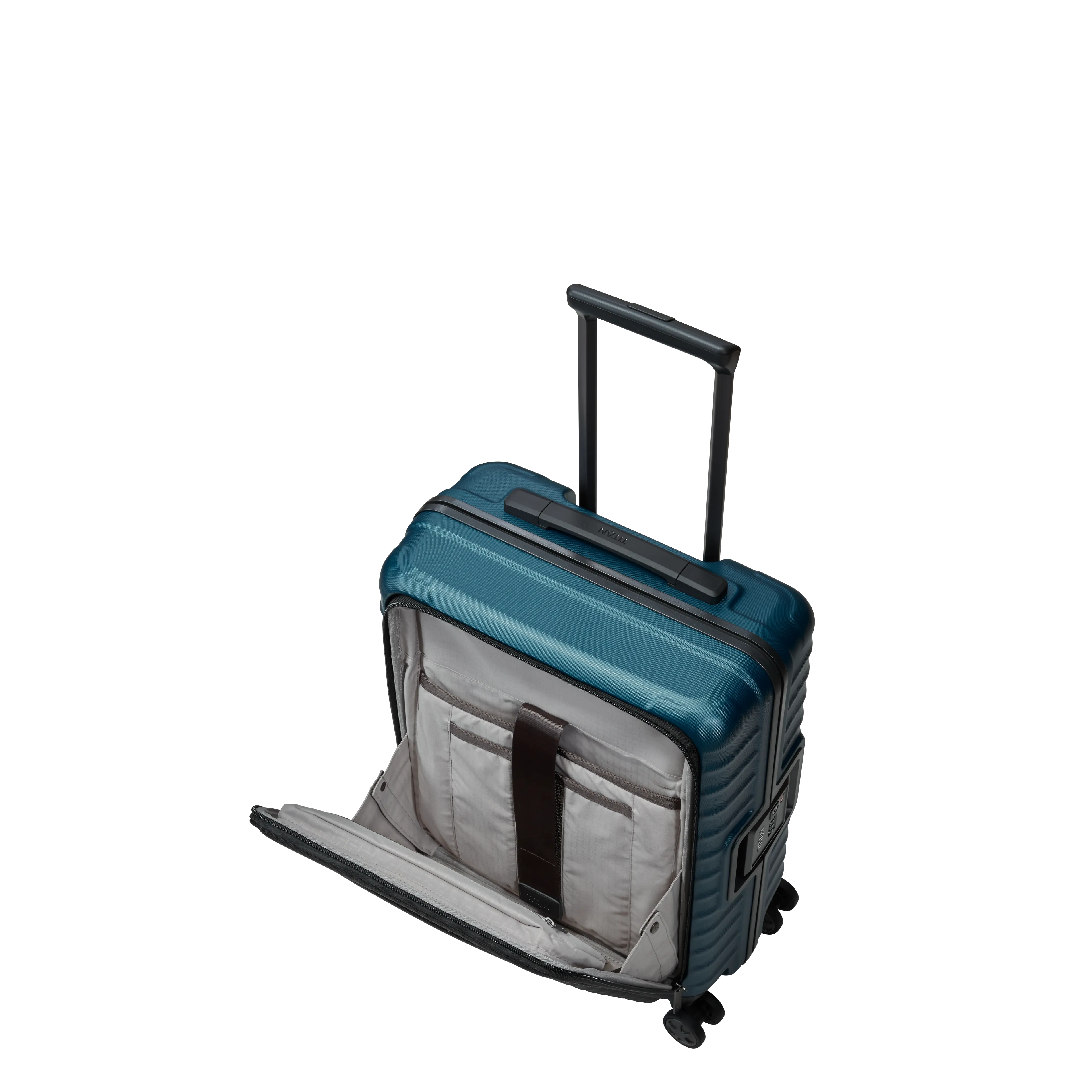 Ein TITAN Koffer der Serie LITRON Frame mit Vortasche Schrägansicht mit geöffneter Vortasche in petrol Größe S 55cm